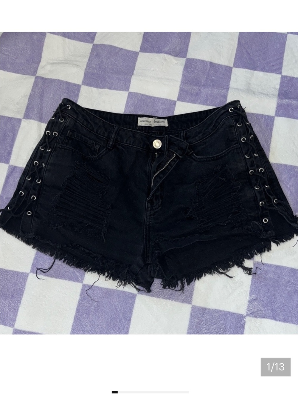 Stradivarius Black Distressed Lace-Up Jean Shorts